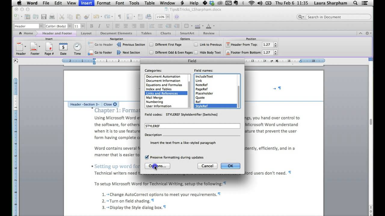 word for mac 2011 different first page header